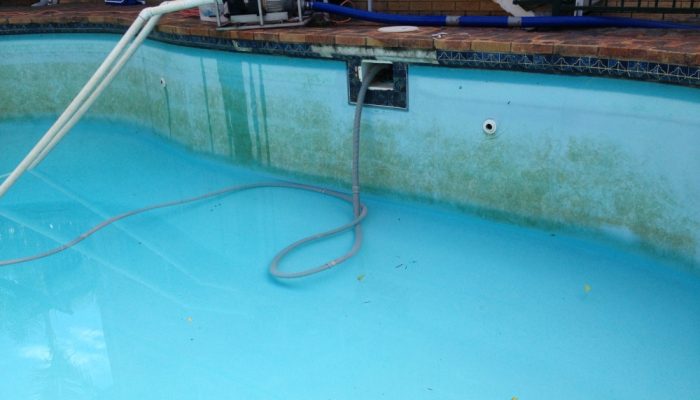 Before: poolfab pool that needed a new liner, it had a crack in the step and the waterline tiles where falling off